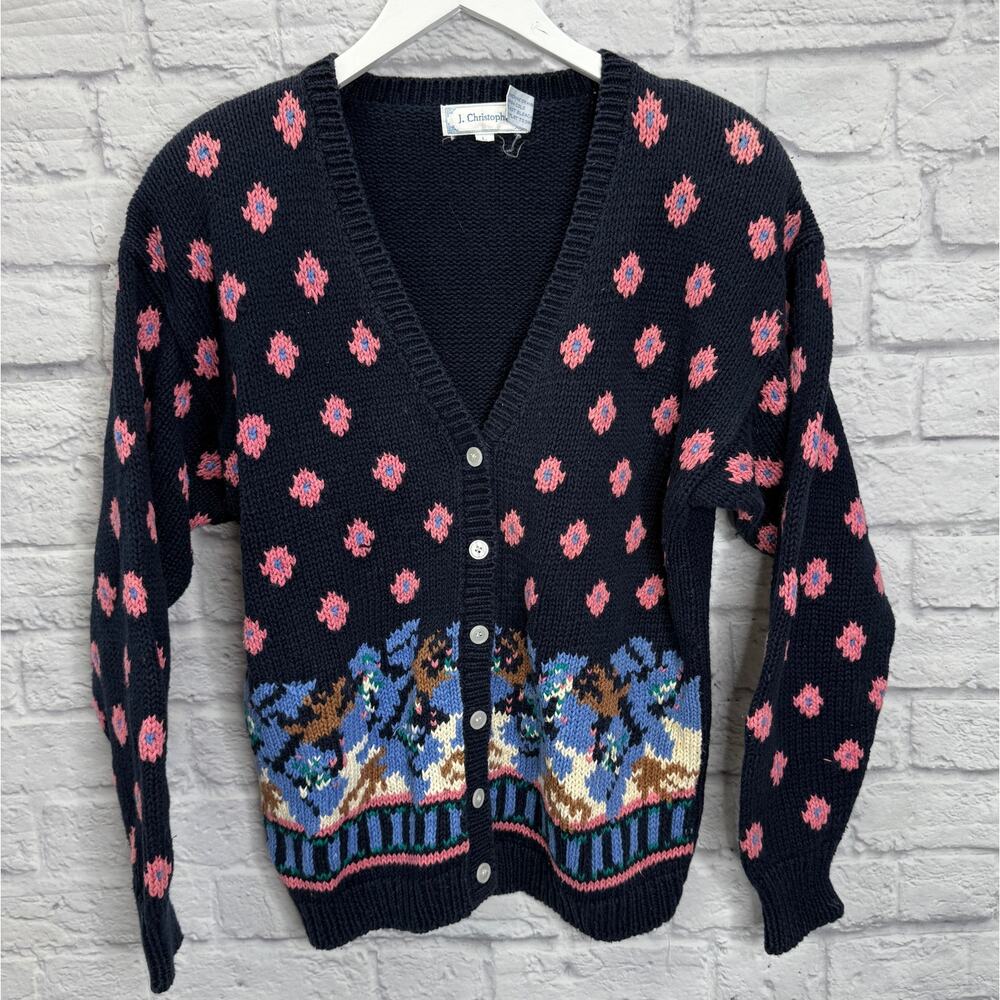 Vintage J Christopher Cardigan Sweater Size L Navy Blue Pink Cottagecore Womens